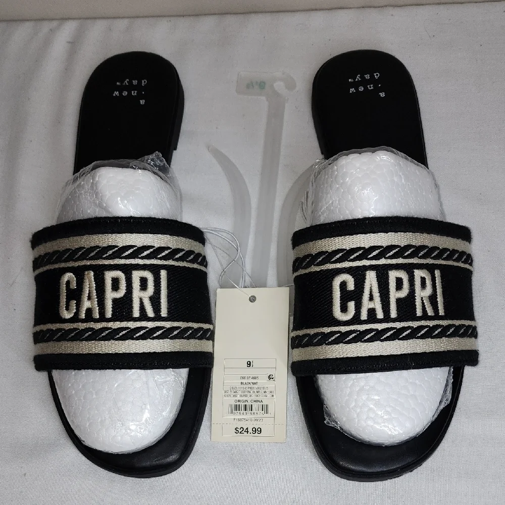 A New Day Black and Cream Sporty Slide Sandals